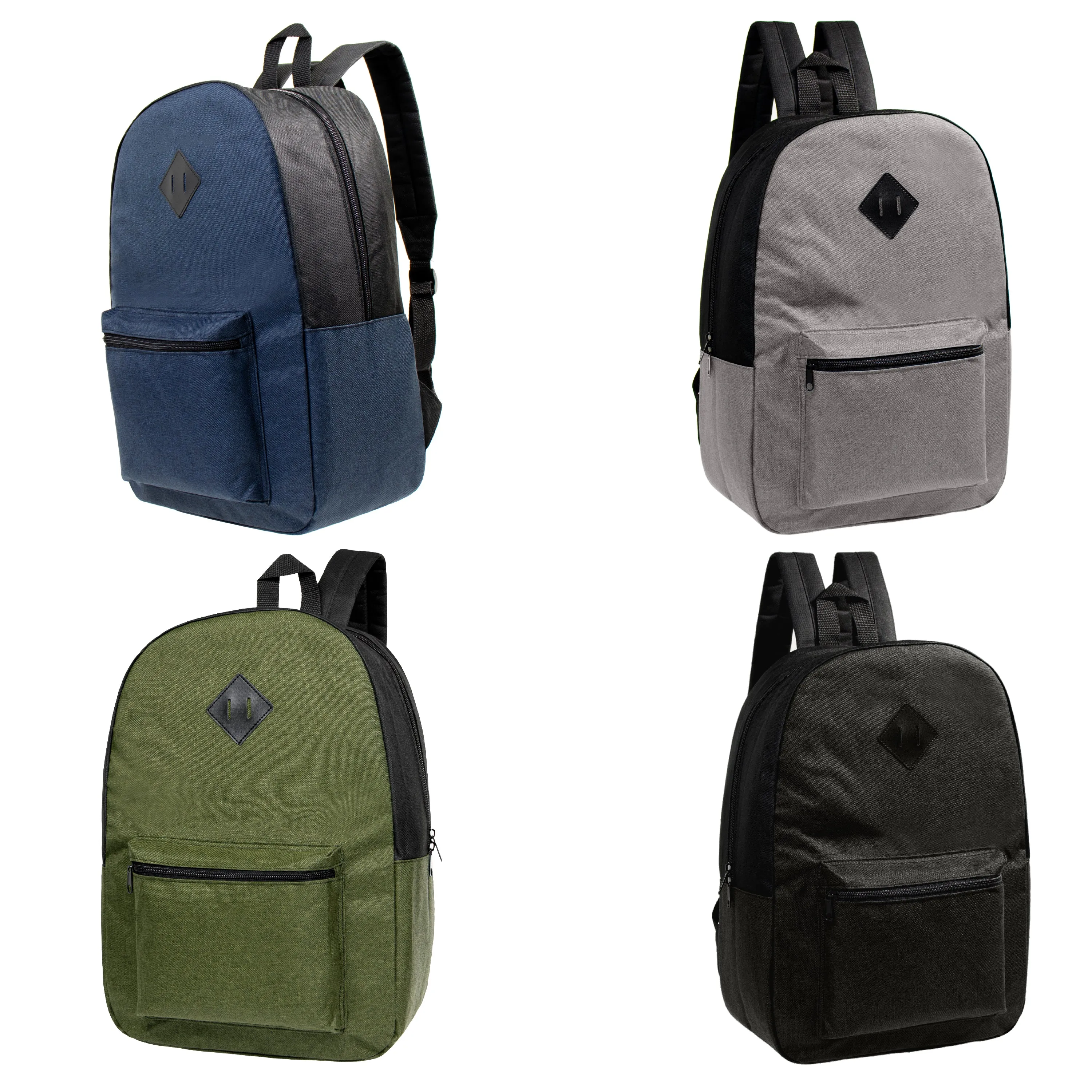 12 Bulk 17" Backpacks Diamond Patch in Assorted Dark Colors & 12 Wholesale School Supplies Kits
