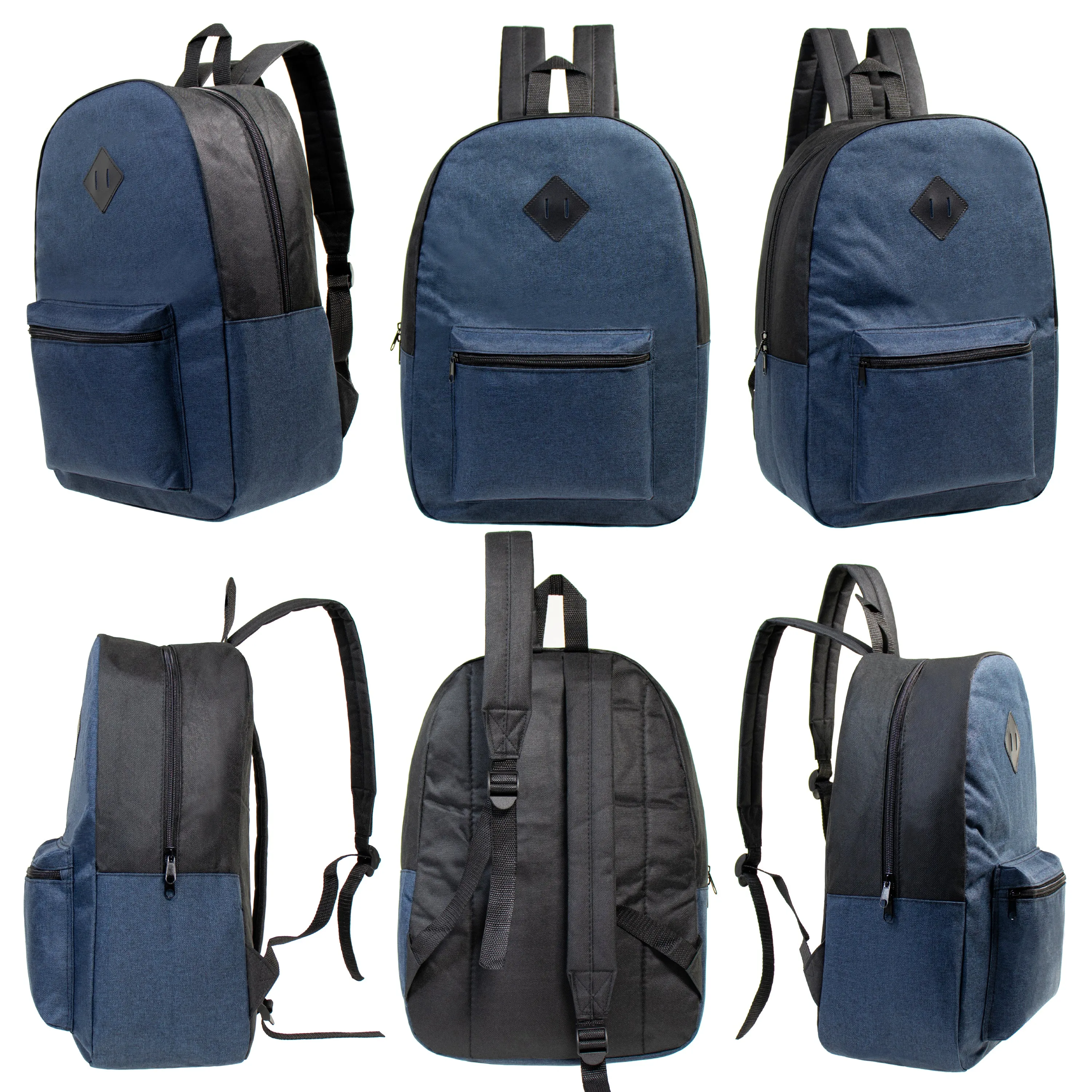 12 Bulk 17" Backpacks Diamond Patch in Assorted Dark Colors & 12 Wholesale School Supplies Kits