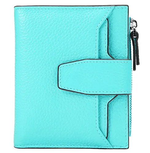 AINIMOER Women's RFID Blocking Leather Small Compact Bi-fold Zipper Pocket Wallet Card Case Purse(Lichee Sea Blue)