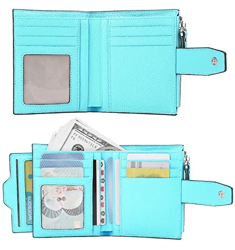 AINIMOER Women's RFID Blocking Leather Small Compact Bi-fold Zipper Pocket Wallet Card Case Purse(Lichee Sea Blue)