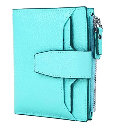 AINIMOER Women's RFID Blocking Leather Small Compact Bi-fold Zipper Pocket Wallet Card Case Purse(Lichee Sea Blue)