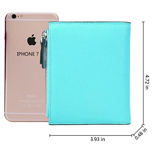 AINIMOER Women's RFID Blocking Leather Small Compact Bi-fold Zipper Pocket Wallet Card Case Purse(Lichee Sea Blue)