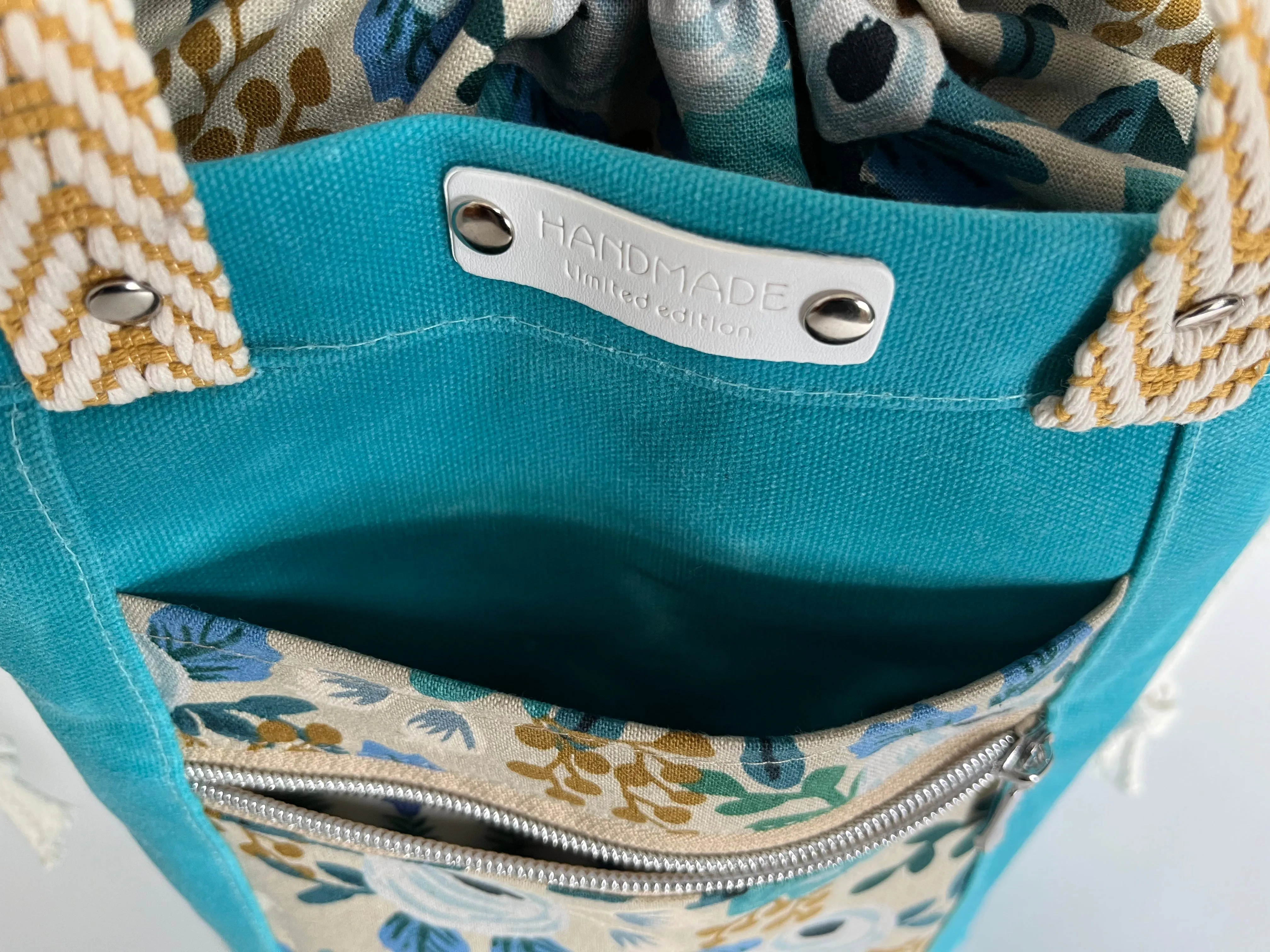 Aqua Blue Floral Themed Project Bag, Firefly Tote, Waxed Canvas