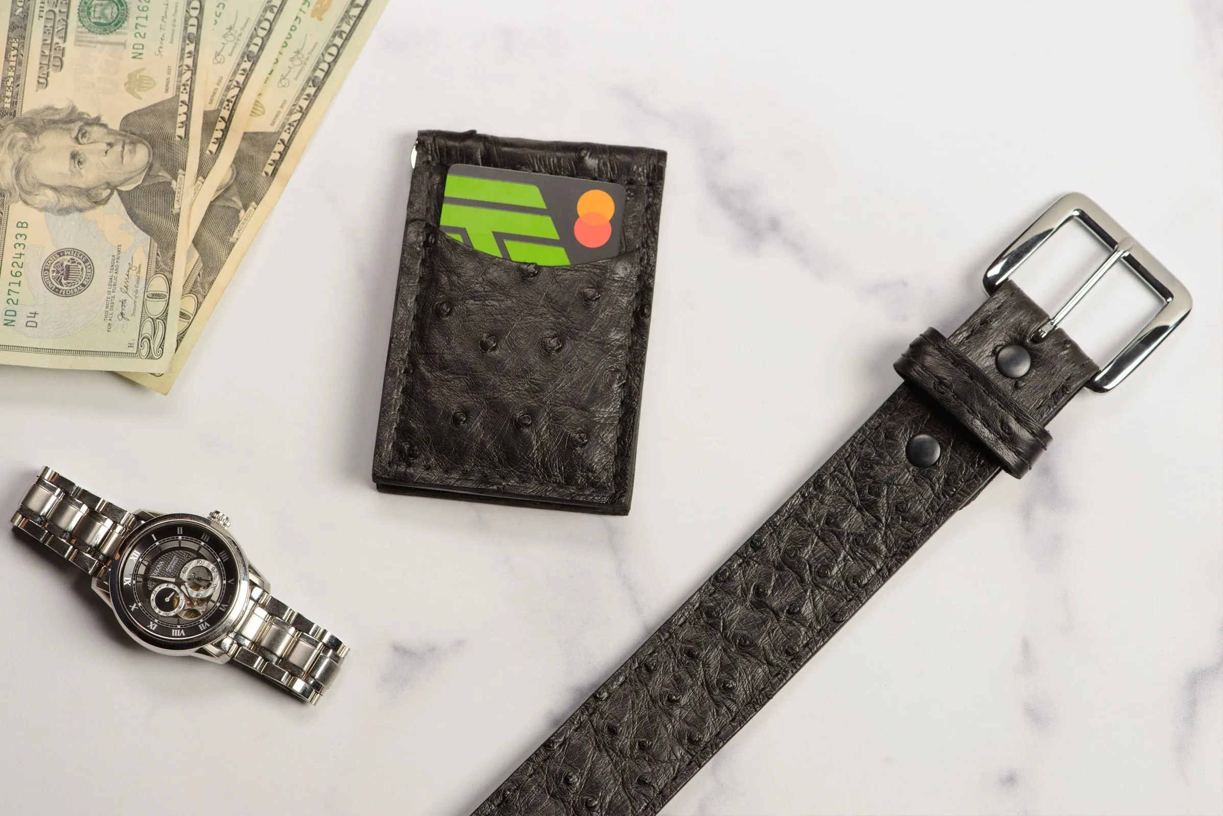Black Ostrich Bifold Slim Profile Wallet With Money Clip