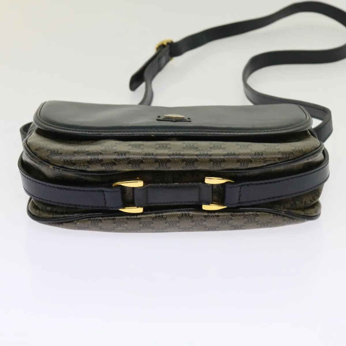 CELINE Macadam Canvas Shoulder Bag Coated Canvas Beige Navy Auth ar11292