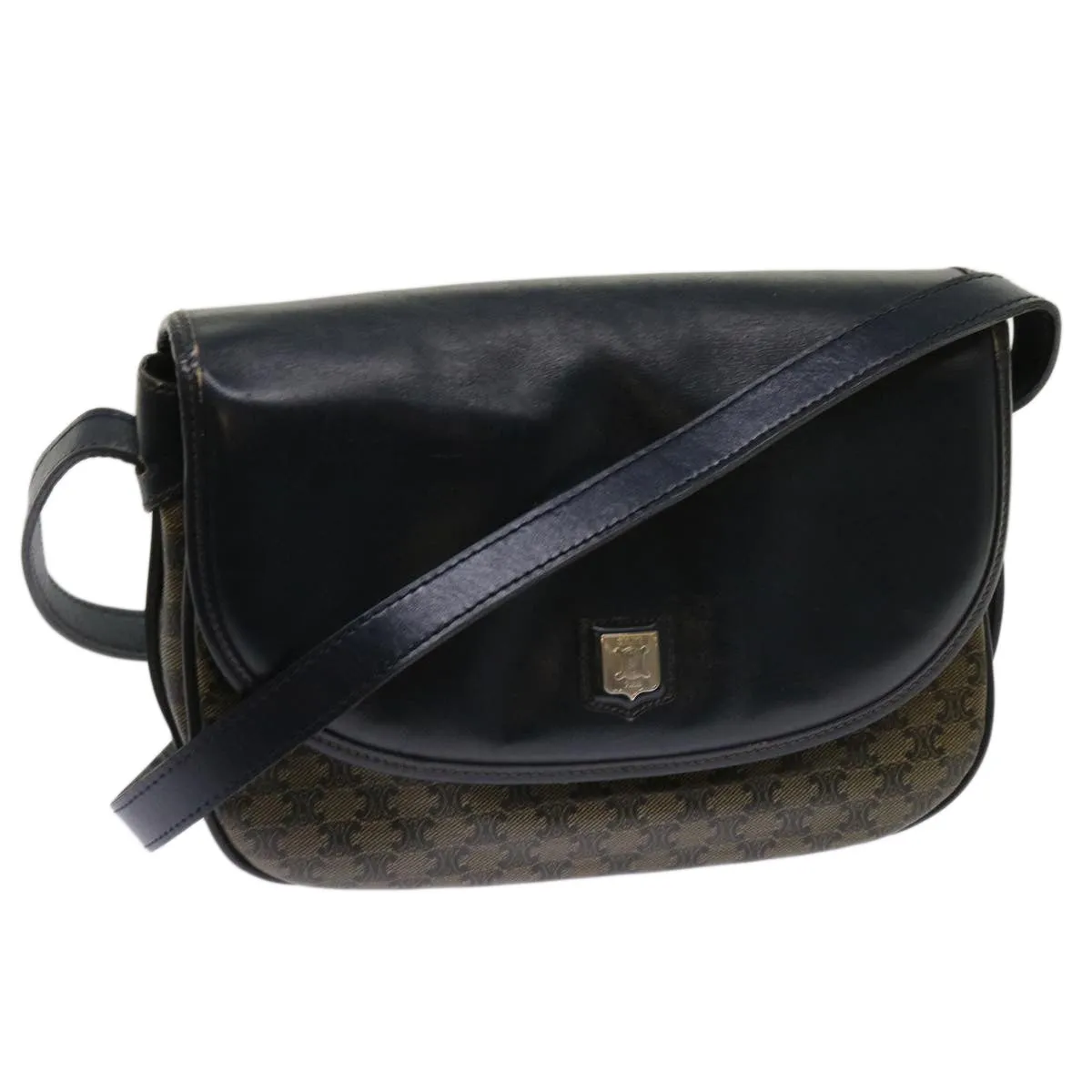 CELINE Macadam Canvas Shoulder Bag Coated Canvas Beige Navy Auth ar11292