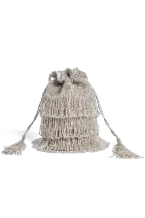 Channel Hand Embellished Fringe Bucket Bag in Silver