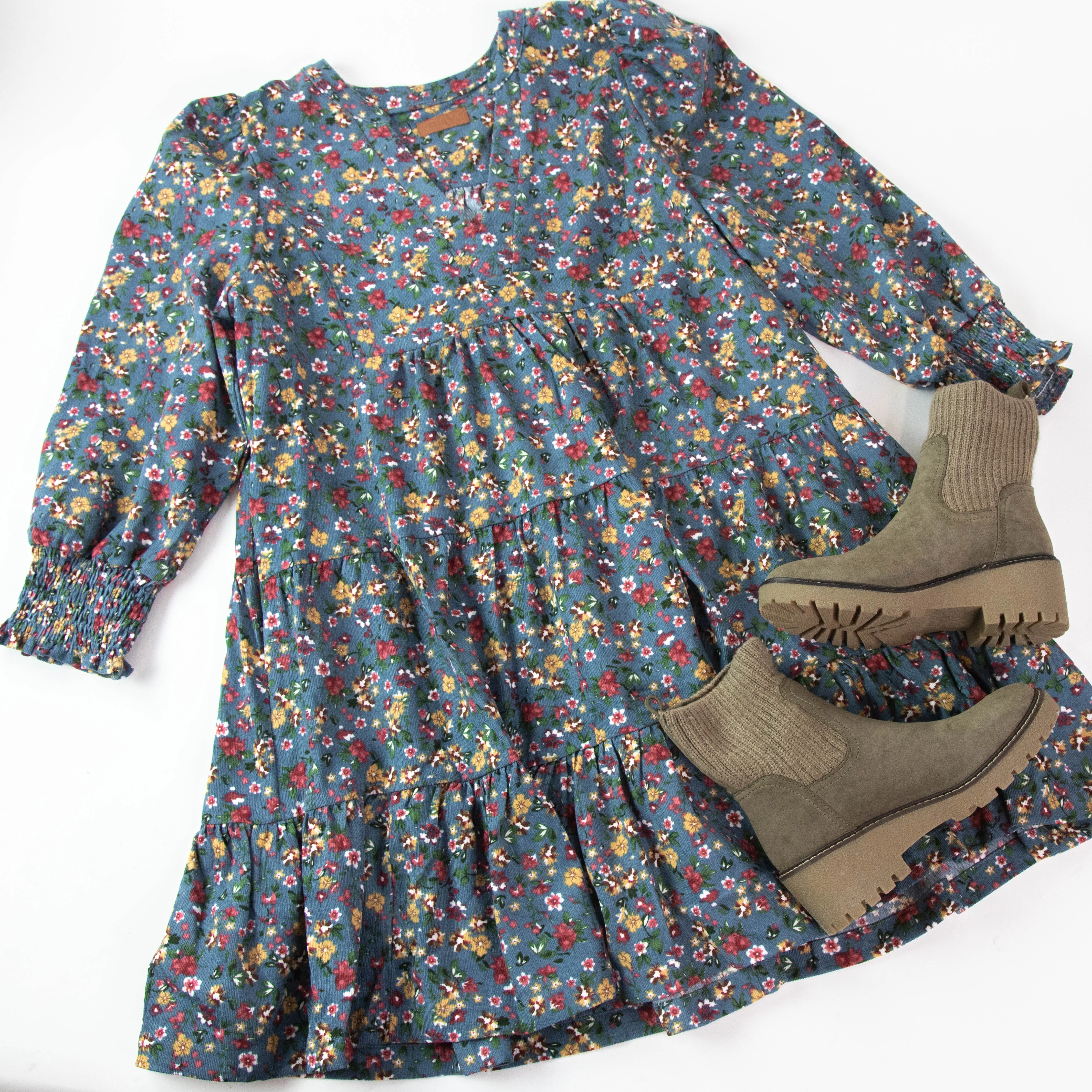 Delia Floral Corduroy Dress, Dusty Blue | Plus Size