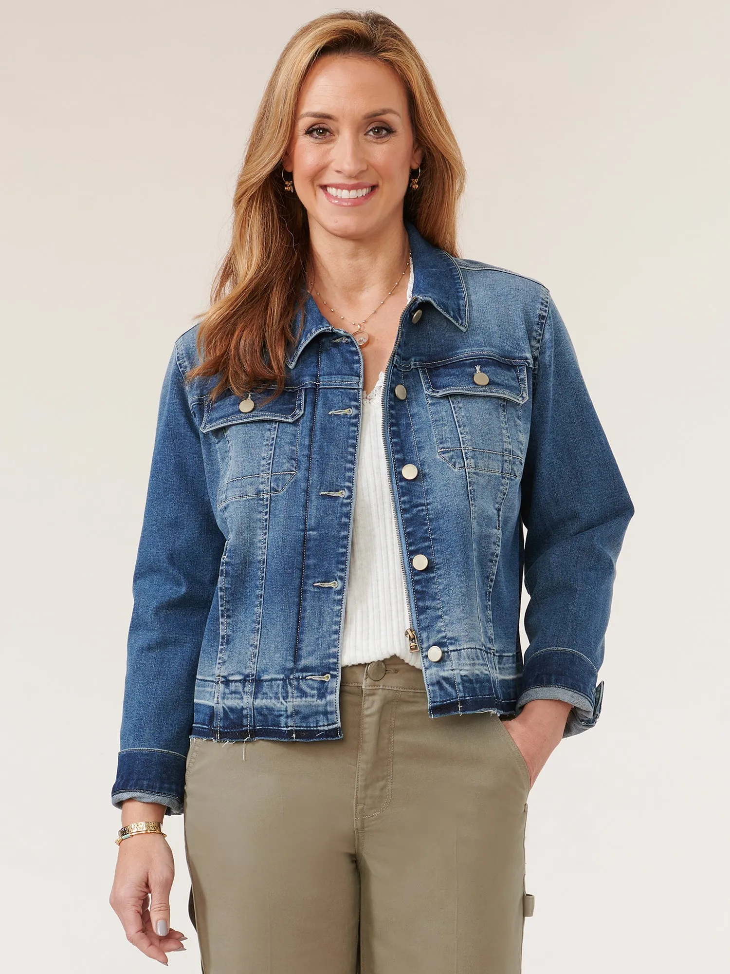 Denim Zip Button Front Released Hem Jacket
