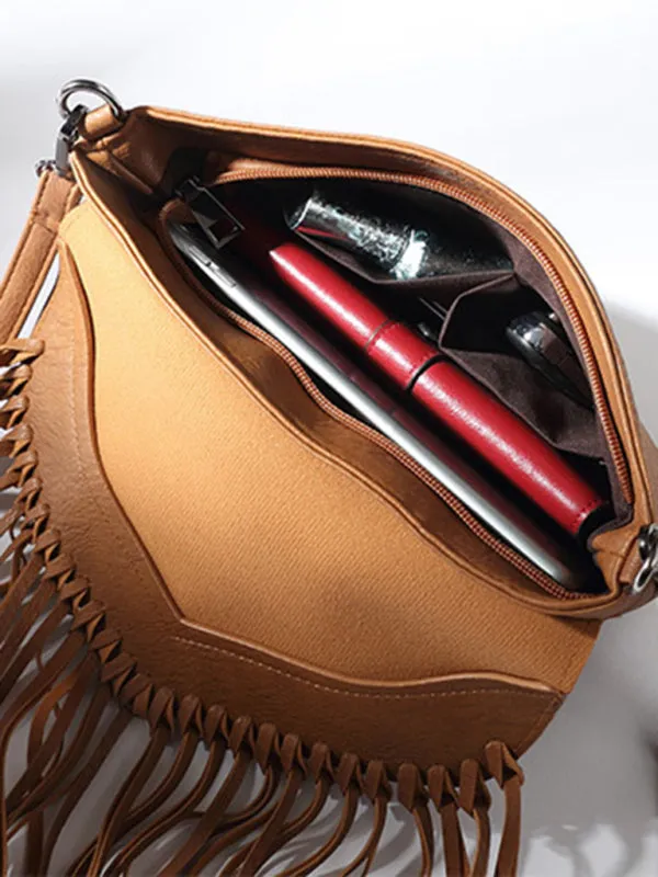 Faux Leather Fringe Messenger Bag - Envelope Purse