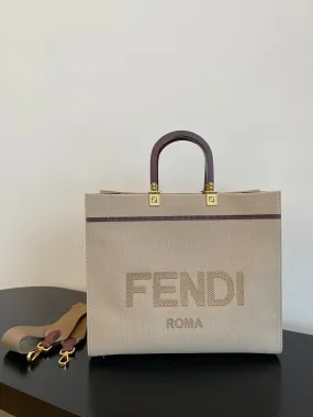 FI Sunshine Medium Tote Bag Beige Canvas For Women, Women&#8217;s Bags, Shoulder Bags 13.8in/35cm FF 8BH386