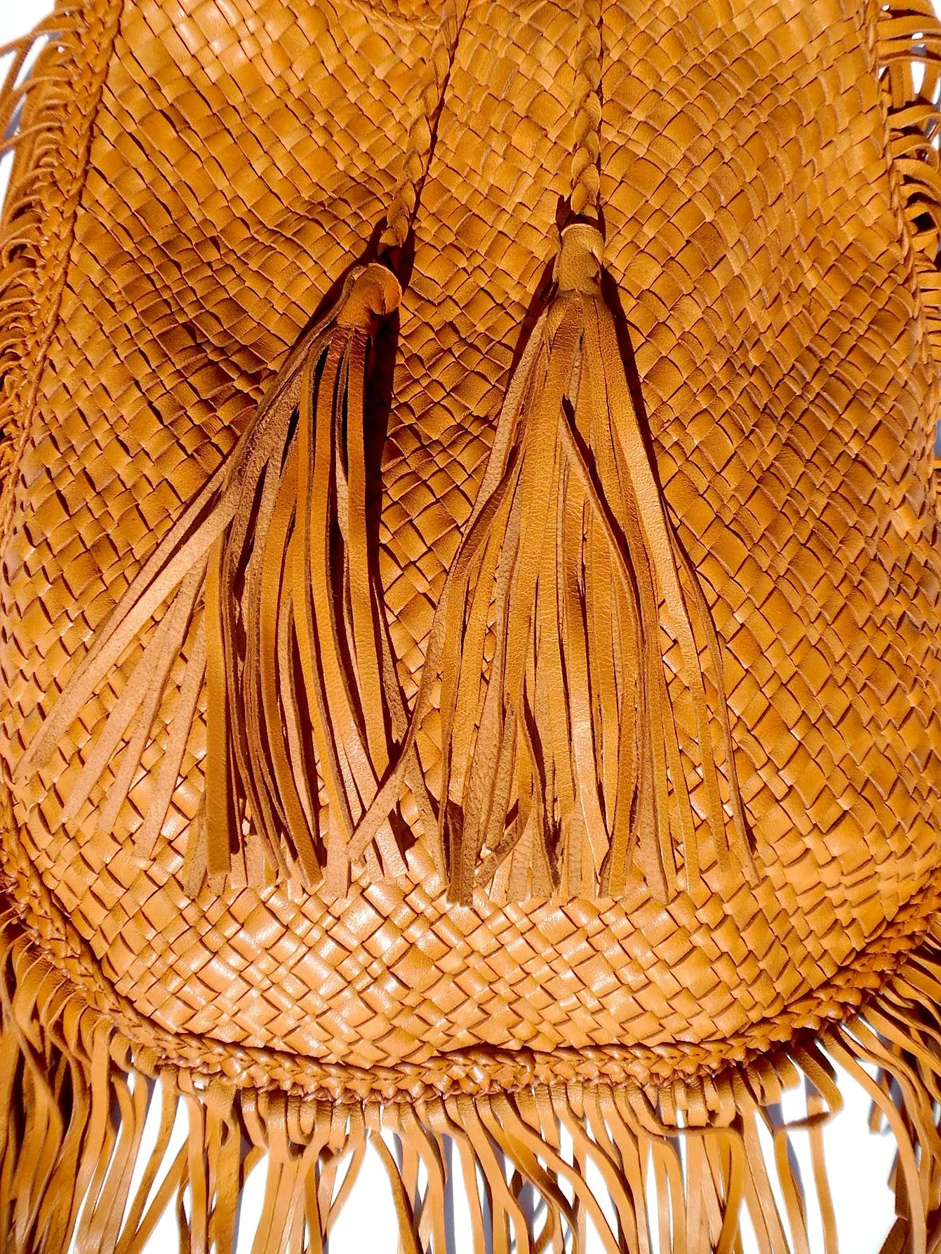 Hand Woven Leather Shoulder Cross Body Bag And Fringe Cognac