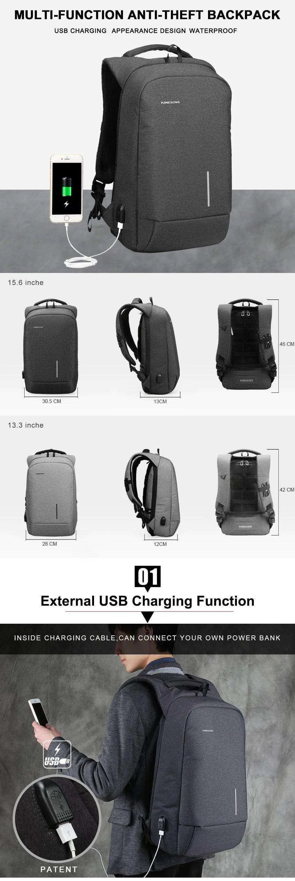 Kingsons USB Charge Anti Theft Backpack 15.6'' Laptop Waterproof