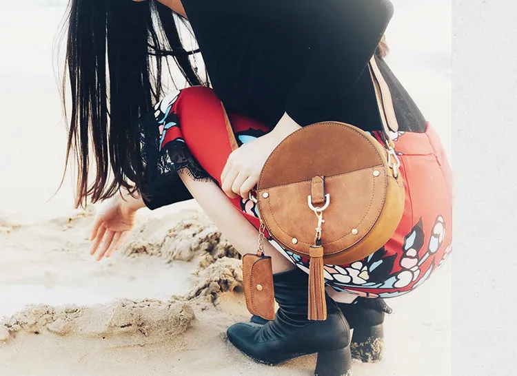 Ladies Vegan Leather Circle Bag Fringe Crossbody Boho Bag For Women
