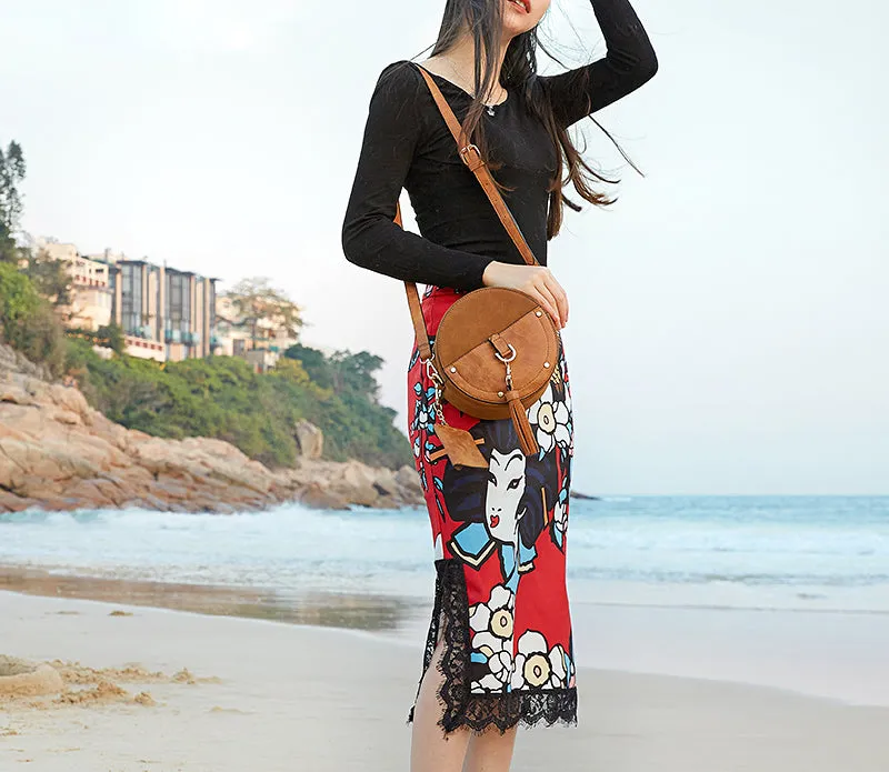 Ladies Vegan Leather Circle Bag Fringe Crossbody Boho Bag For Women