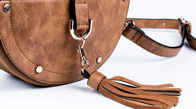 Ladies Vegan Leather Circle Bag Fringe Crossbody Boho Bag For Women