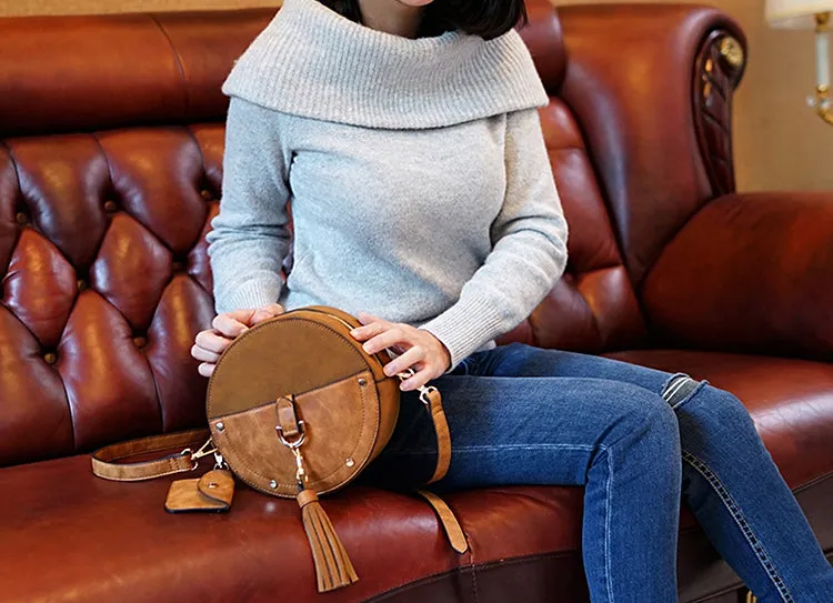 Ladies Vegan Leather Circle Bag Fringe Crossbody Boho Bag For Women