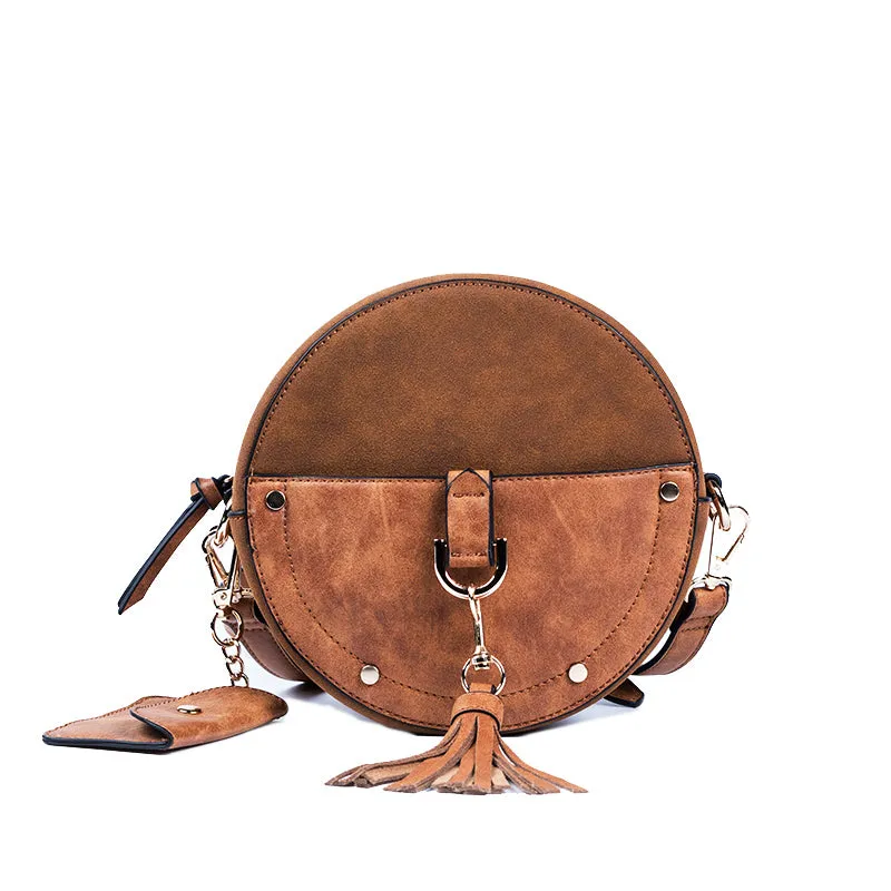 Ladies Vegan Leather Circle Bag Fringe Crossbody Boho Bag For Women