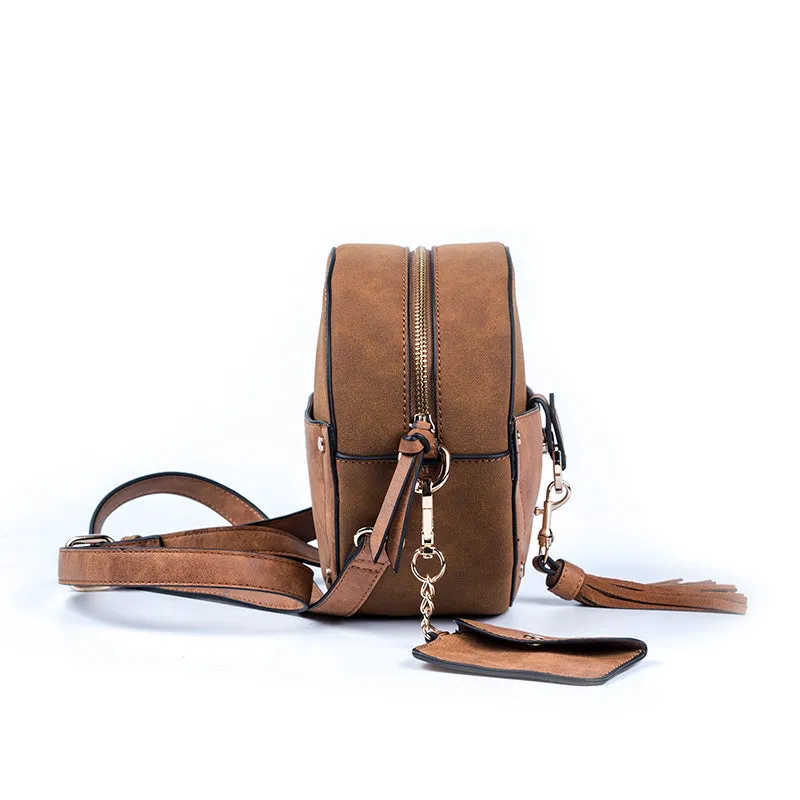 Ladies Vegan Leather Circle Bag Fringe Crossbody Boho Bag For Women