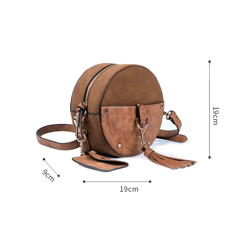 Ladies Vegan Leather Circle Bag Fringe Crossbody Boho Bag For Women