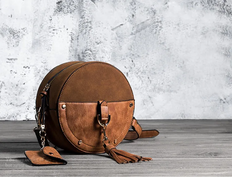 Ladies Vegan Leather Circle Bag Fringe Crossbody Boho Bag For Women