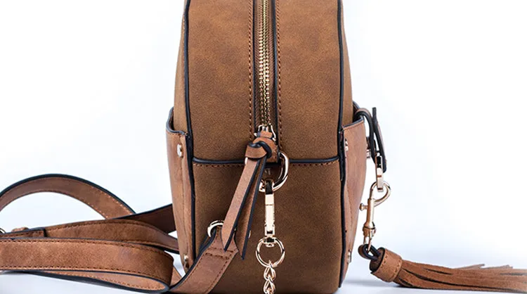 Ladies Vegan Leather Circle Bag Fringe Crossbody Boho Bag For Women