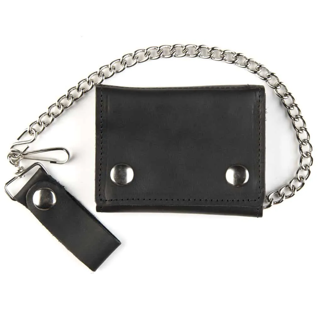 Large Tri-Fold Black Wallet w/ Chain