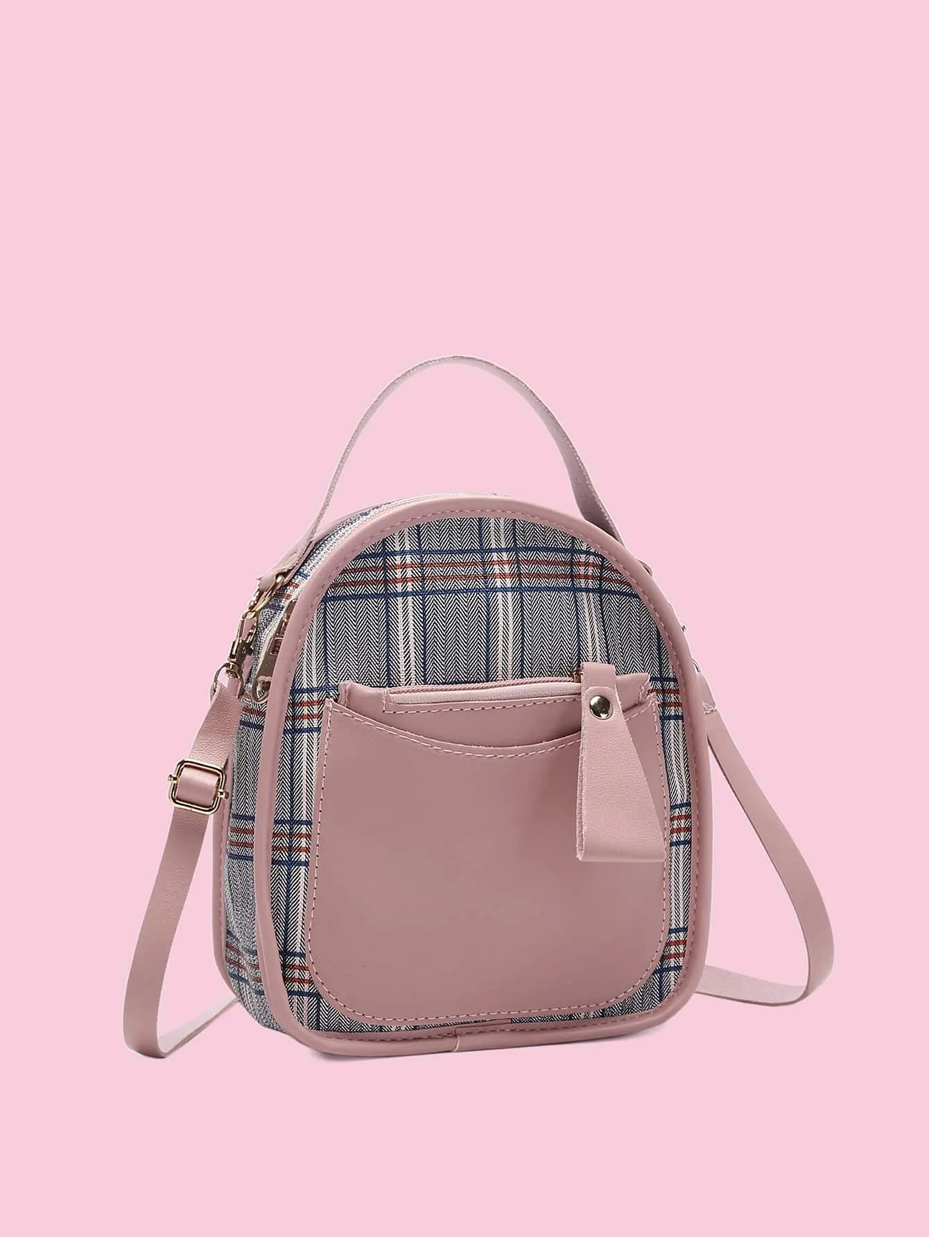 Plaid Pattern Pocket Front Backpack