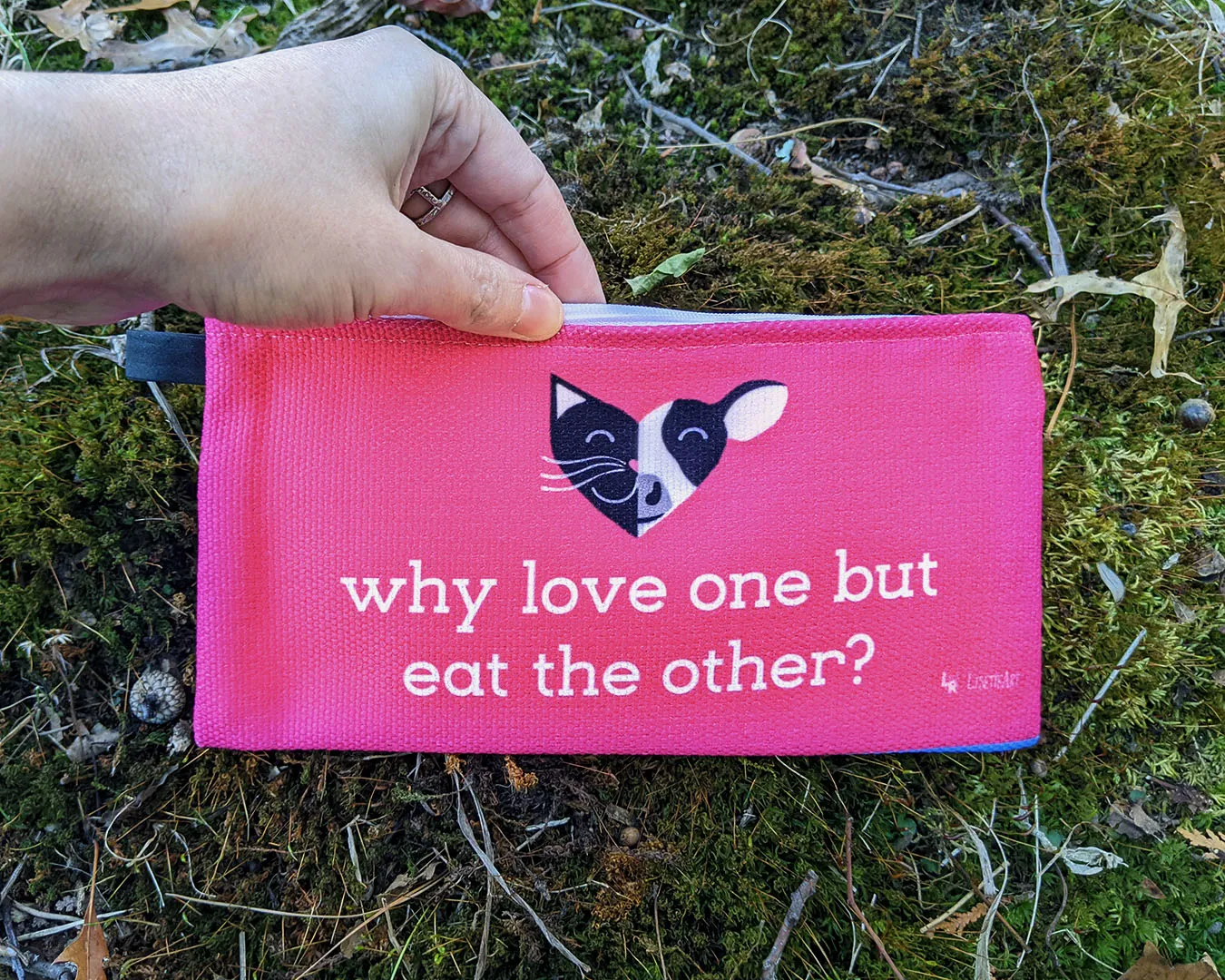 "Why Love One but Eat the Other?" Pug & Pig, Cat & Cow - Small Zipper Pouch - Animal Pencil Case - Vegan Makeup Bag