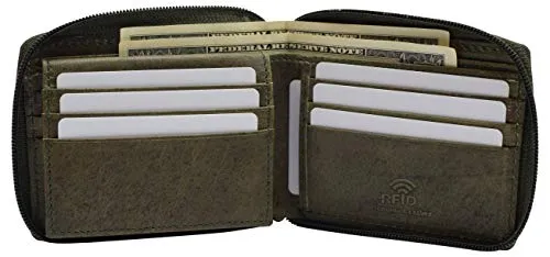 RFID Blocking Men's Zipper Genuine Leather Zip-Around ID Bifold Wallet USA Series
