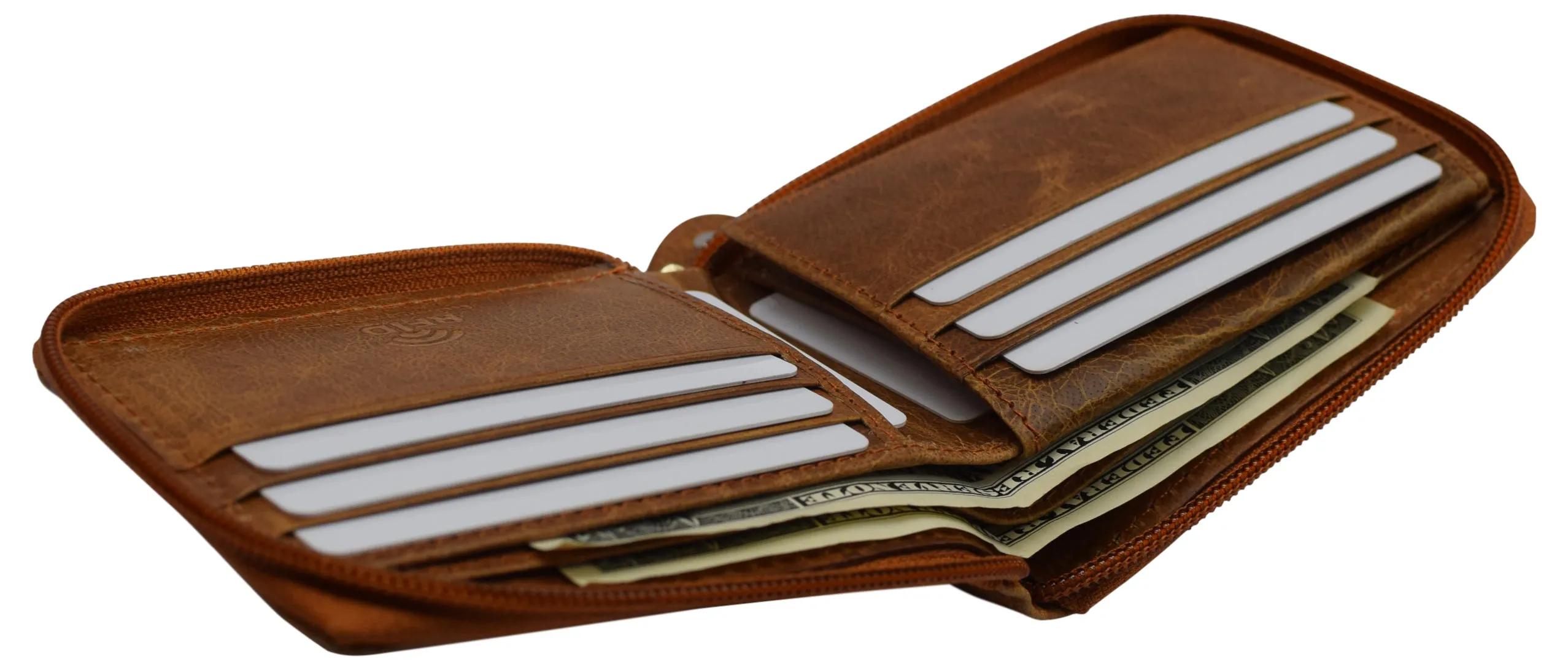 RFID Blocking Men's Zipper Genuine Leather Zip-Around ID Bifold Wallet USA Series