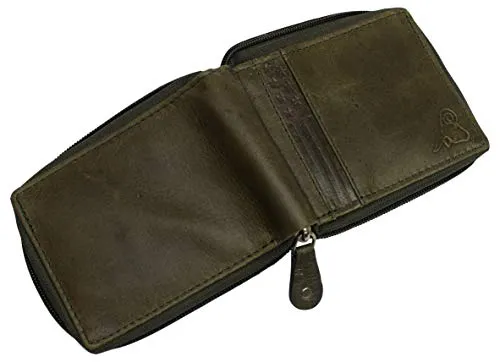 RFID Blocking Men's Zipper Genuine Leather Zip-Around ID Bifold Wallet USA Series