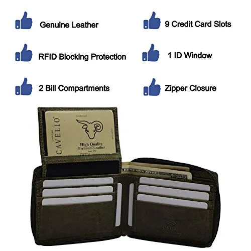 RFID Blocking Men's Zipper Genuine Leather Zip-Around ID Bifold Wallet USA Series