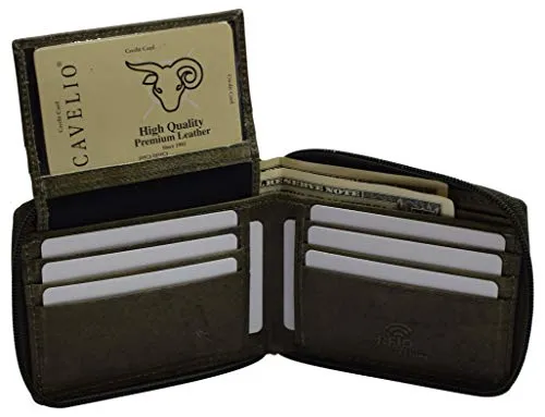 RFID Blocking Men's Zipper Genuine Leather Zip-Around ID Bifold Wallet USA Series