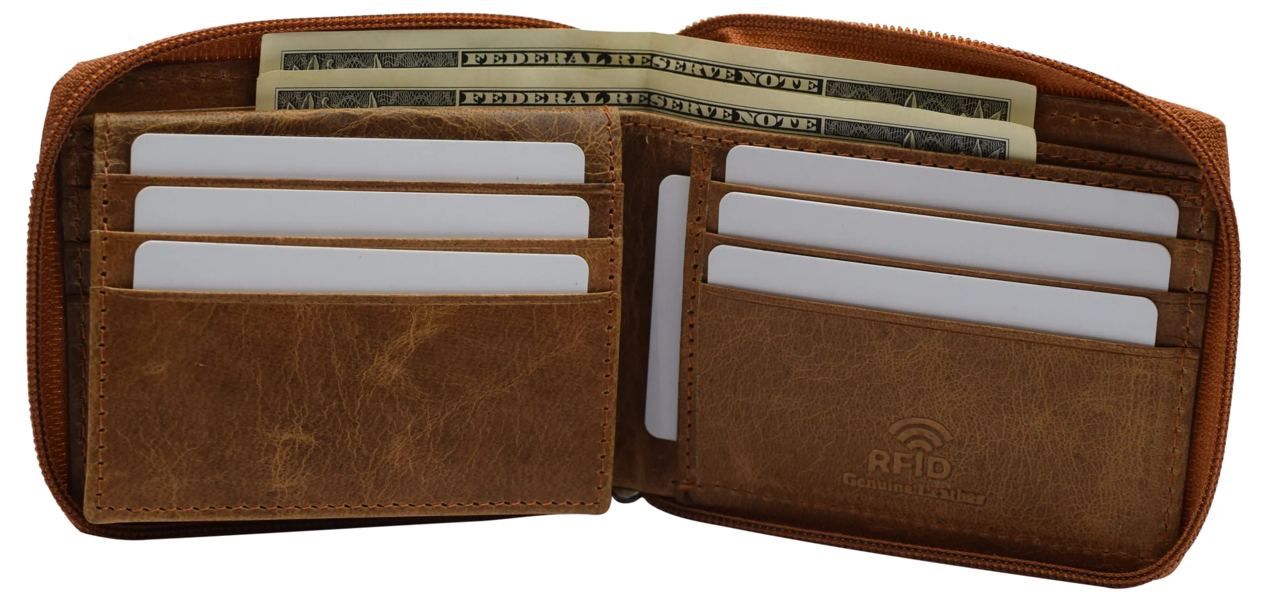 RFID Blocking Men's Zipper Genuine Leather Zip-Around ID Bifold Wallet USA Series