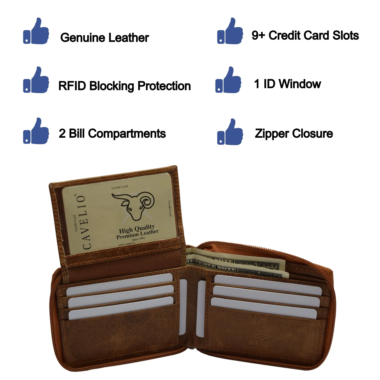 RFID Blocking Men's Zipper Genuine Leather Zip-Around ID Bifold Wallet USA Series