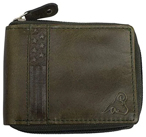 RFID Blocking Men's Zipper Genuine Leather Zip-Around ID Bifold Wallet USA Series