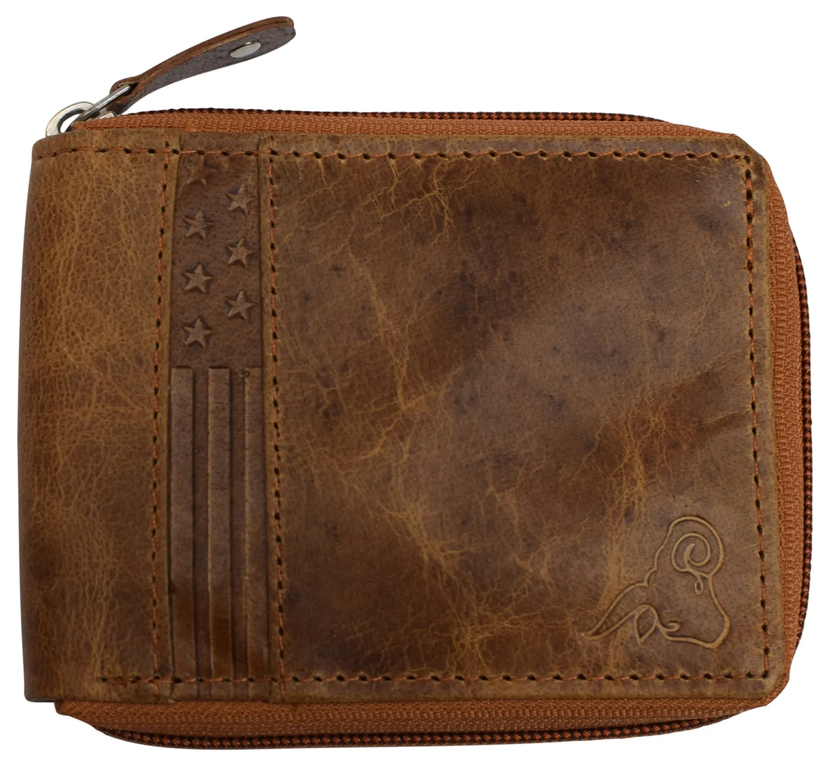 RFID Blocking Men's Zipper Genuine Leather Zip-Around ID Bifold Wallet USA Series