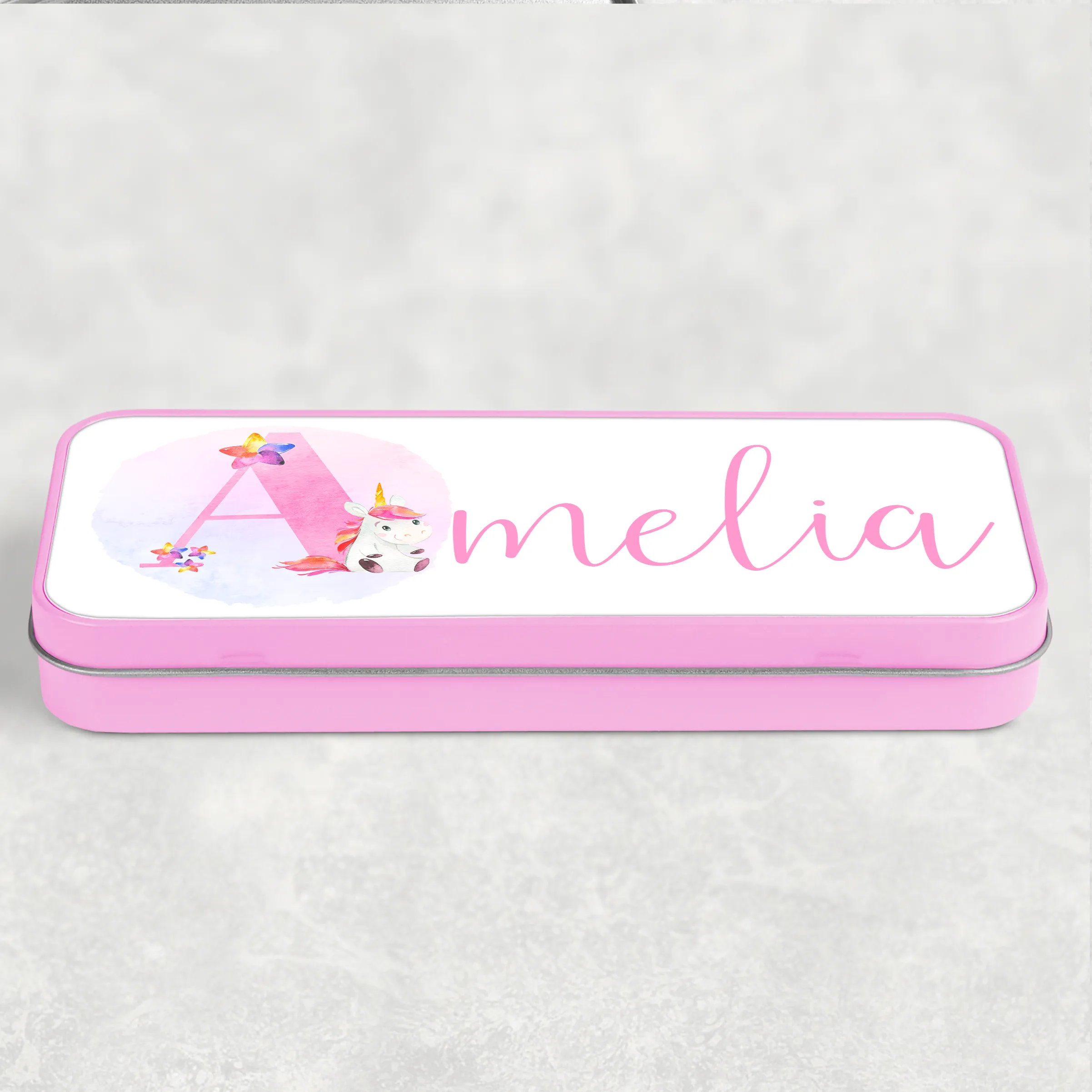 Unicorn Alphabet Personalised School Pencil Tin