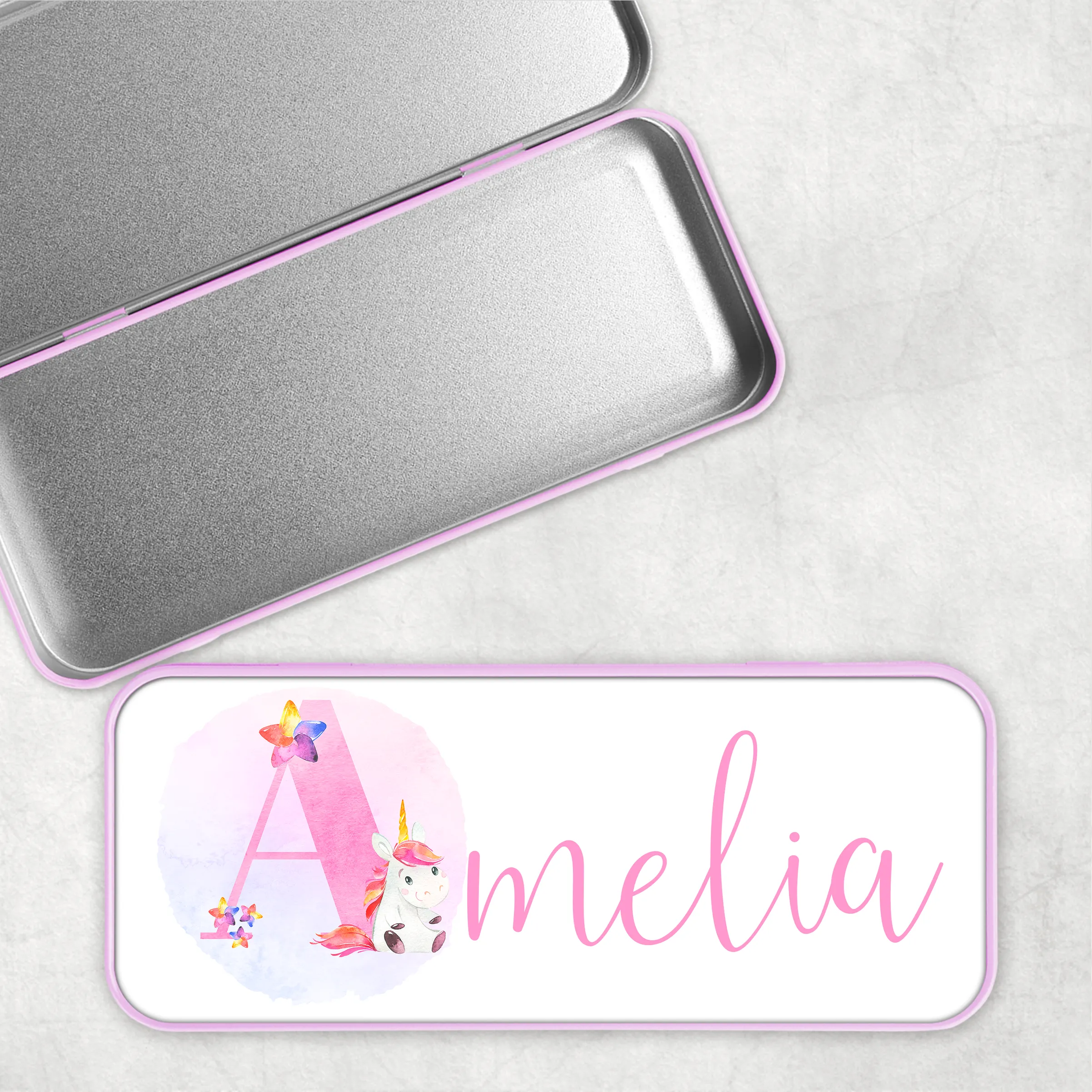 Unicorn Alphabet Personalised School Pencil Tin