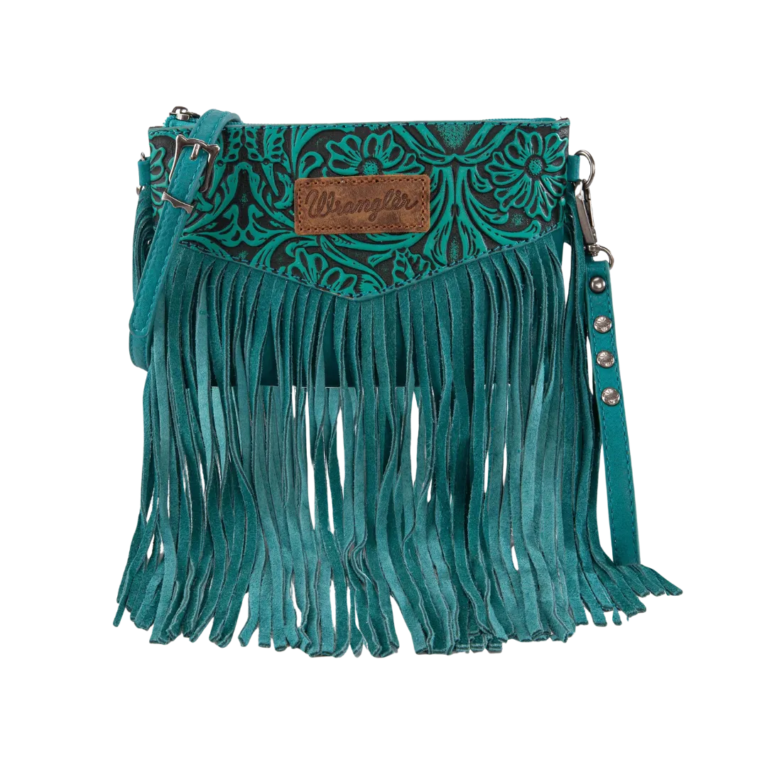 Wrangler Women's Vintage Floral Tooled Crossbody Turquoise Bag